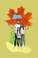 Poster - Vertical abstract composite photo collage of happy good mood family standing under big leaf cover from rain isolated drawing background