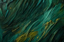 Closeup Of Abstract Rough Colorfuldark Green Art Painting Texture Background Wallpaper, With Oil Or Acrylic Brushstroke Waves, Pallet Knife Paint On Canvas