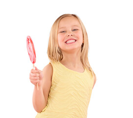 portrait, lollipop and happy girl child with candy, hungry for dessert and isolated on a transparent