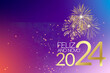 © jameshbecker - Feliz ano novo. Happy new year. Cartão de feliz ano novo. Banner. Cartão colorido com tons azuis e lilás. 2024.  fogos de artifício. Cartão moderno e elegante.