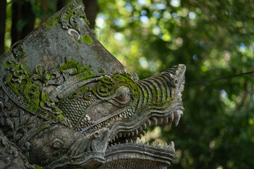 Wall Mural - Beautiful Textured green natural moss-covered Naga statue in the rainy season of ancient Wat Umong Buddhist temple is a travel and worship popular tourist attraction famous Chiang Mai, Thailand.