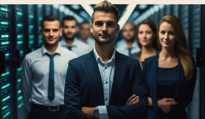 Leinwandbilder - Group of people who work for technology standing in data center room with server equipment in the background.