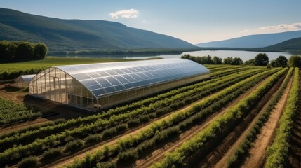 Wall Mural - Aerial view, Greenhouse with photovoltaic solar panel.