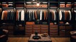Interior of clothing boutique with luxury male wardrobe full of expensive suits.