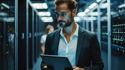 Leinwandbilder - IT Specialist Holding Laptop and working at a Data Center.
