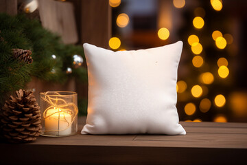 Wall Mural - White pillow on the wooden table with bokeh Christmas lights for mockups. Cozy winter aesthetic.