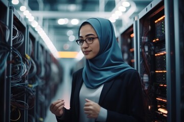 Leinwandbilder - Muslim lady technician working in a server room with servers in the background