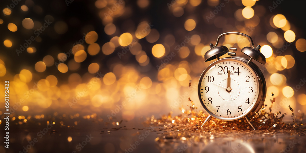 Clock Header 2024 written on a vintage alarm clock, New Year eve header with copy ...