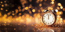 2024 Written On A Vintage Alarm Clock, New Year Eve Header With Copy Space, Golden Bokeh Lights Shiny Background