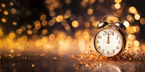 2024 written on a vintage alarm clock, New Year eve header with copy space, golden bokeh lights shiny background