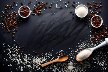 Wall Mural - Salt and pepper frame. Flake sea salt and black peppercorns on dark slate background copy space for text