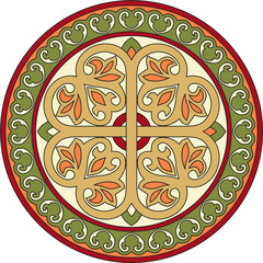 Wall Mural - Vector colored round ancient Byzantine ornament. Classical circle of the Eastern Roman Empire, Greece. Pattern motifs of Constantinople..