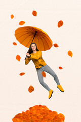 Vertical creative composite photo collage of satisfied optimistic girl falling on bunch of leaves isolated on white color background