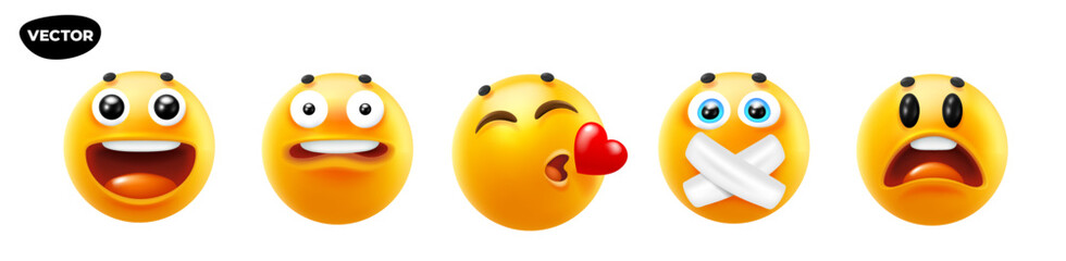 3d vector style design of funny set of emoji with tongue, smile, kiss, heart and patch for social media. Vector cool collection of illustration of happy fun yellow emoticon with different emotion