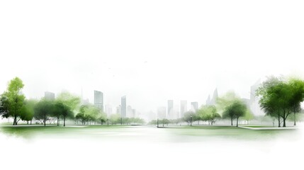 Green urban area planning. Sketch of an empty city park, devoid of people, isolated on a clean white background. The sketch features trees and captures the serene atmosphere of a quiet city park.