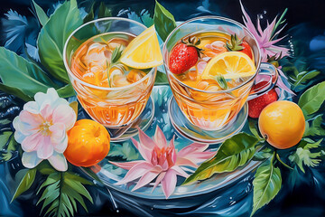 Wall Mural - Two glasses of lemonade with strawberries and lemon slices. Close-up top view, colorful illustration. Generative AI