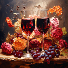 Wall Mural - Still life with two glasses of red wine, grapes and roses on dark background. Square oil painting in retro style, impasto. Generative AI