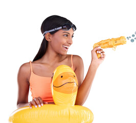 Poster - Girl, smile and swim with inflatable ring and isolated on transparent png background, happy and bubble gun. Teenager model, goggles and swimsuit with face, hands and fun in summer, excited and color