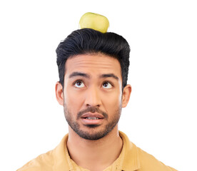 Poster - Man, thinking and balance apple on head for trick and wellness on isolated, transparent or png background. Healthy, diet and asian person balancing fruit on hair with natural or organic nutrition