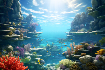 Wall Mural - Corals, reef, rocks, fish, nature and world ocean, illustration. Generative AI. View underwater to surface ocean, sunbeam penetrate through the top layer of the ocean, image