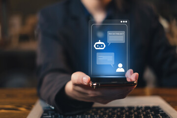 Online artificial intelligence or Ai live Chatbot conversation concept. Online customer service with support or Virtual assistant, CRM software automation technology. E-learning software cyberspace.