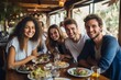 Group of happy friends eat in a restaurant. AI generative