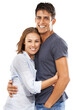 © Suresh/peopleimages.com - Happy, portrait and a couple with a hug for love, marriage and gratitude together. Smile, young and a man and woman with care, affection and romance while isolated on a transparent png background