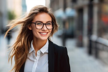 Wall Mural - Beautiful happy young businesswoman in glasses having good time on city square while walking outdoors