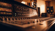 A modern recording studio with music production equipment, a sound mixing console, and a digital control panel converge