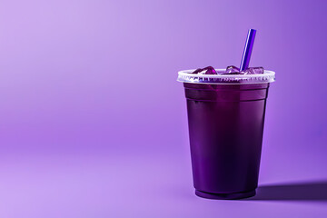 Wall Mural - Purple drink in a plastic cup isolated on a purple background. Take away drinks concept with copy space