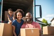 Joyful happy family near moving van with boxes. AI generated