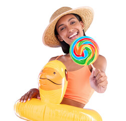 Sticker - Woman, holiday and summer with lollipop and inflatable duck for beach vacation and swimming fun. Portrait of happy person in tropical or pool accessory or candy isolated on transparent png background