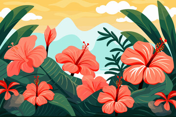 Wall Mural - Hibiscus Flowers and tropical leaves Background from Hawaii. Tropical vector illustration. Sunny summer day.