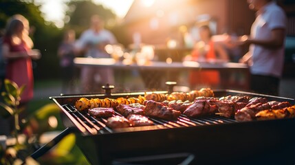 barbecue party in the yard on a sunny evening background. generative AI