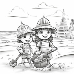 Sticker - two children playing in the clean sand, no pollution, line drawing, take care of the planet, environment, pollution, take care of the animals