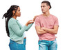 © Heyt/peopleimages.com - Interracial couple, fight and talking about a problem with a question and conversation. Gen z man, woman and conflict in marriage and angry arms crossed isolated on a transparent png background