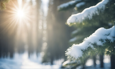 Aufkleber - Winter fir tree branch with snow and sunlight bokeh