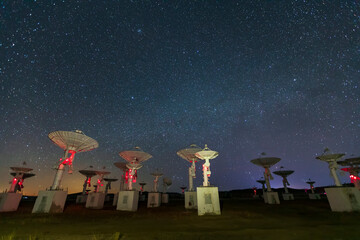 Wall Mural - Radio telescopes and the Milky Way at night, Milky way panorama