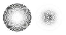Black Line Concentric Ripple Circles Set. Sonar Or Sound Wave Rings Collection. Epicentre, Target, Radar Icon Concept. Radial Signal Or Vibration Elements. Vector 10 Eps.