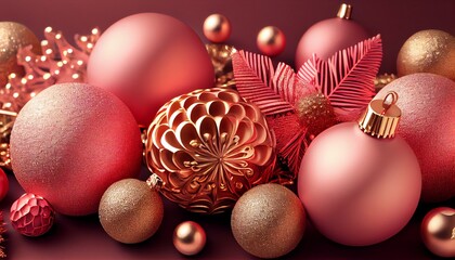 decorations of seasonal luxury pastel color red with gold and pink Christmas ball Christmas concept. Generative in ai