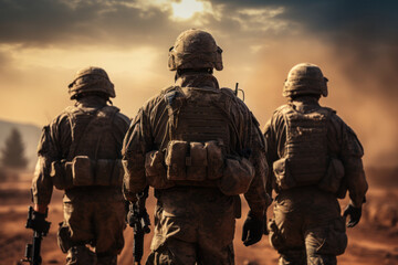 Back view of a group of soldiers in the desert during a combat mission