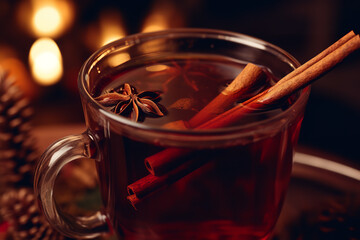 Sticker - A close-up view captures a cinnamon stick floating in a cup of mulled wine, accentuating the rich colors and spices