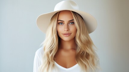 Wall Mural - Young attractive smiling blond woman in white shirt and brim hat looking in camera.