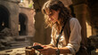 © Keitma - Young archeologist woman taking part in a high-stakes competitive treasure hunt in an ancient archaeological site looking at documents and map to find the relics