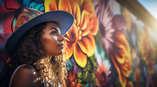 Afro American Woman Portrait Posing In Front Of A Floral Colorful Mural Graffiti Wall And Copy Space