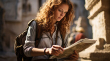Young Archeologist Woman Taking Part In A High-stakes Competitive Treasure Hunt In An Ancient Archaeological Site Looking At Documents And Map To Find The Relics