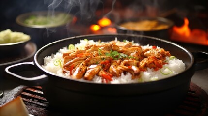 Wall Mural - Aizu chicken dishes, served over steaming rice and sprinkled with sesame seeds under soft, warm light