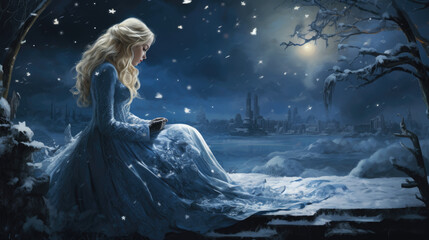 Wall Mural - Illustration of an ice princess in a dress in winter