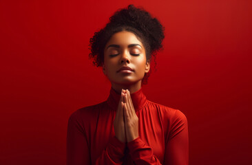 Wall Mural - African American woman praying. Studio portrait. Red backdrop. Religion concept.