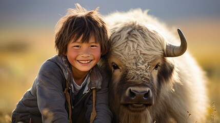 Young boy from Mongolia or Nepal with a yak calf on sunny asians meadow steppe background, children and animals friendship, Horizontal format 16:9